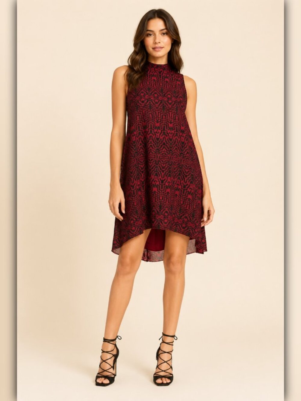 A528 • Mock Neck Printed Trapeze Dress